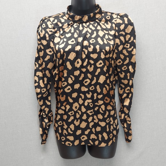 Scoop Tops - Womens M Animal Print Blouse Mock Neck Ruched‎ Sleeve Top Structured Office Chic